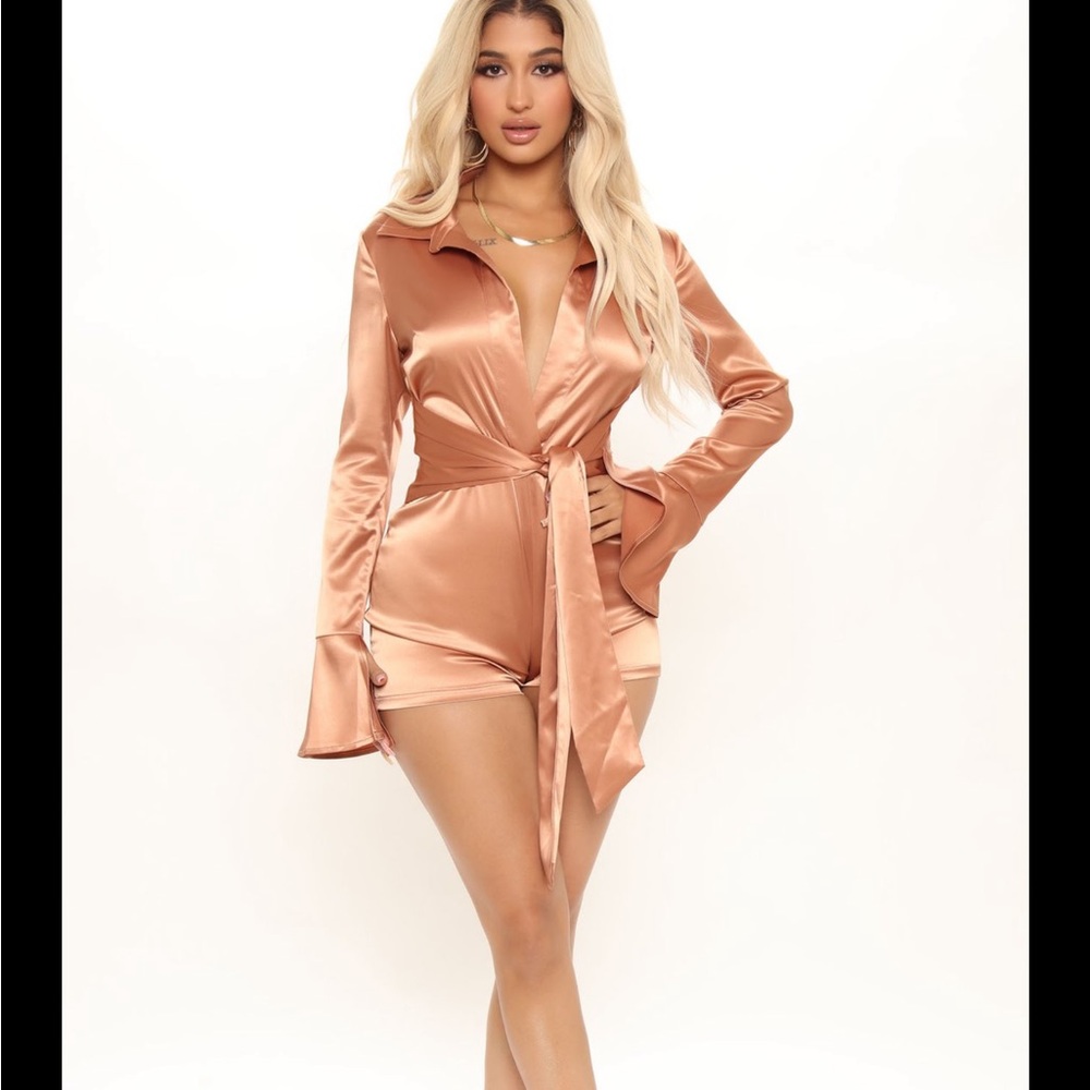 Long Sleeve Step Up Satin Romper - Rust Brown/Bronze
